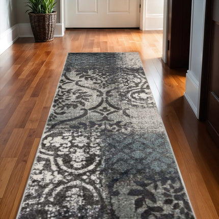 10' Teal And Ivory Damask Distressed Runner Rug HomeRoots