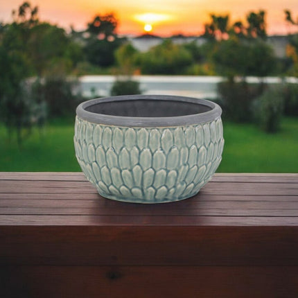 8" Aqua Textural Tone On Tone Ceramic Indoor Outdoor Round Pot Planter HomeRoots