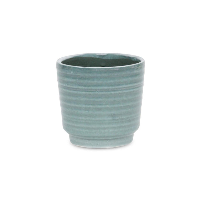 Green Ceramic 23 Ounce Striped Round Distressed Pot Planter