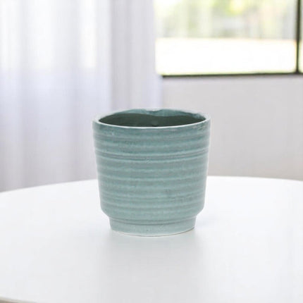 Green Ceramic 23 Ounce Striped Round Distressed Pot Planter HomeRoots