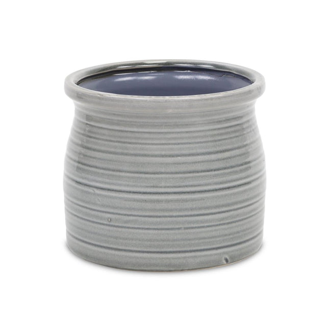 Gray Ceramic 51 Ounce Striped Round Distressed Pot Planter