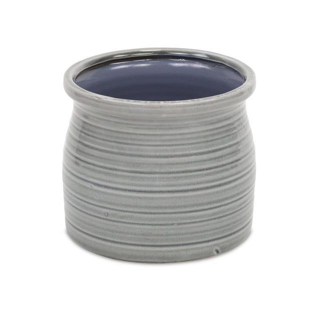 Gray Ceramic 51 Ounce Striped Round Distressed Pot Planter