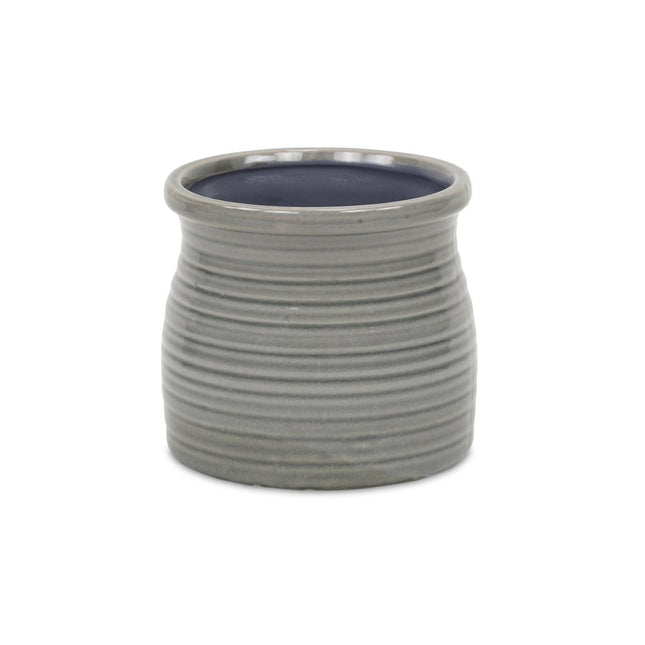 Gray Ceramic 51 Ounce Striped Round Distressed Pot Planter