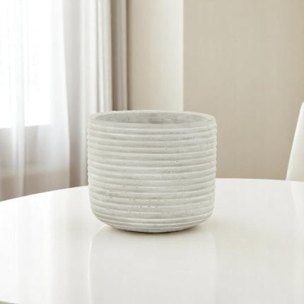 Light Gray Cement 39 Ounce Striped Round Distressed Pot Planter HomeRoots