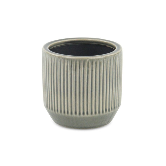 Gray Ceramic 17 Ounce Striped Round Distressed Pot Planter