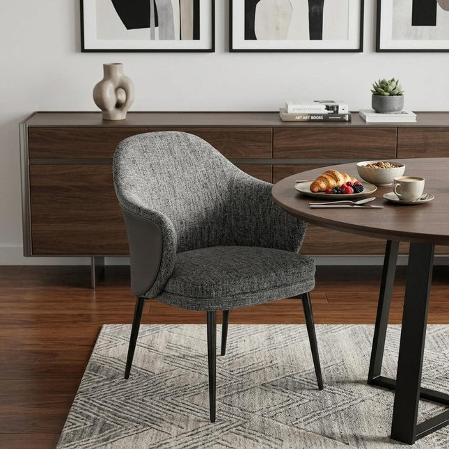Gray and Black Upholstered Fabric And Faux Leather Wing Back Dining Arm Chair HomeRoots