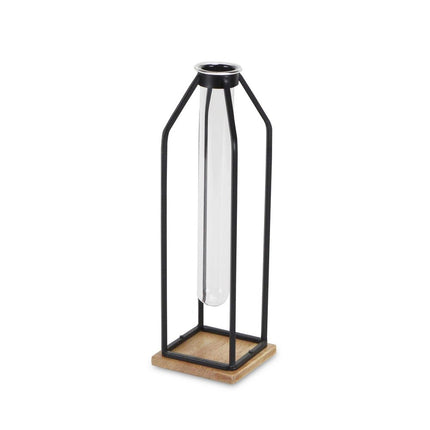 12" Black Clear And Natural Metal Glass And Wood Posy Test Tube Table Vase