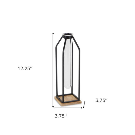 12" Black Clear And Natural Metal Glass And Wood Posy Test Tube Table Vase