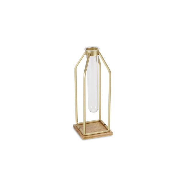 11" Gold Clear And Natural Metal Glass And Wood Test Tube Table Vase