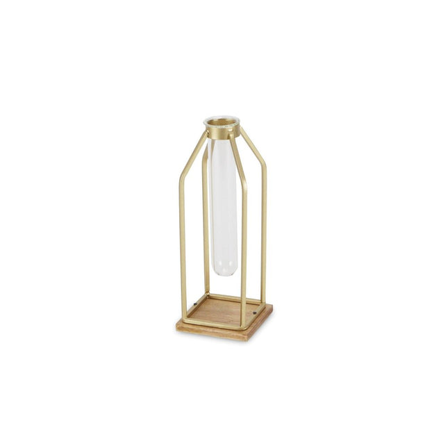 11" Gold Clear And Natural Metal Glass And Wood Test Tube Table Vase