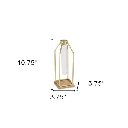 11" Gold Clear And Natural Metal Glass And Wood Test Tube Table Vase HomeRoots