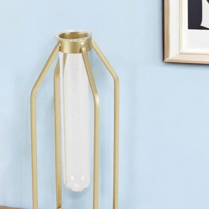 11" Gold Clear And Natural Metal Glass And Wood Test Tube Table Vase HomeRoots