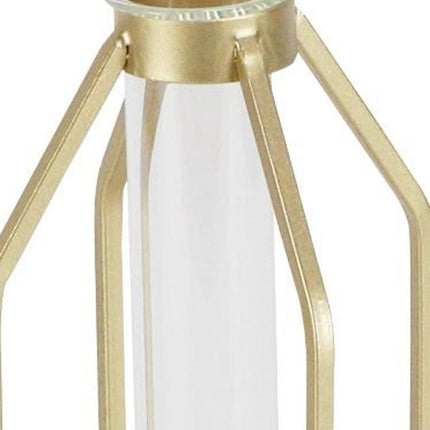 11" Gold Clear And Natural Metal Glass And Wood Test Tube Table Vase HomeRoots