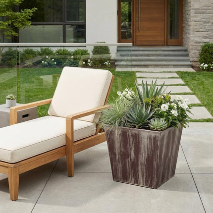 7" Brown and Ivory Textural Tone On Tone Recycled Plastic Indoor Outdoor Square Pot Planter HomeRoots