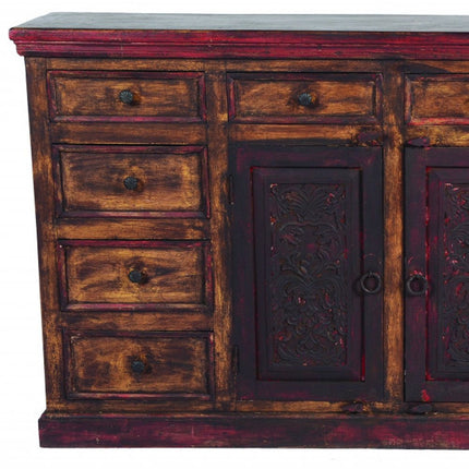 72" Brown And Red Distressed Solid Wood Carved Scrollwork Ten Drawer Buffet Table with Two Doors HomeRoots