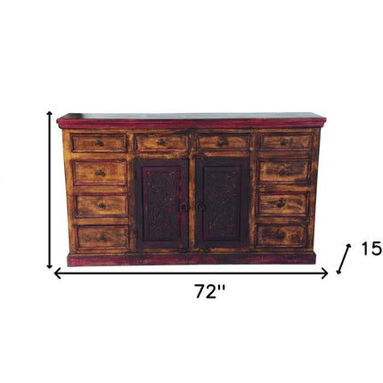 72" Brown And Red Distressed Solid Wood Carved Scrollwork Ten Drawer Buffet Table with Two Doors HomeRoots