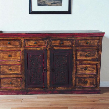 72" Brown And Red Distressed Solid Wood Carved Scrollwork Ten Drawer Buffet Table with Two Doors HomeRoots
