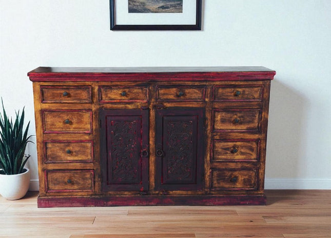 72" Brown And Red Distressed Solid Wood Carved Scrollwork Ten Drawer Buffet Table with Two Doors HomeRoots