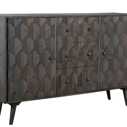 55" Dark Gray Distressed Solid Wood Carved Geometric Three Drawer Sideboard with Two Doors HomeRoots