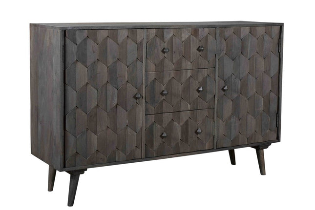 55" Dark Gray Distressed Solid Wood Carved Geometric Three Drawer Sideboard with Two Doors HomeRoots
