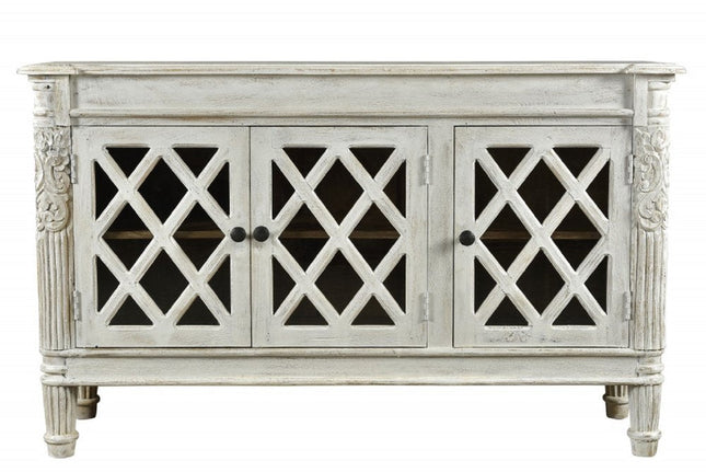 58" White Distressed Solid Wood Carved Scrollwork Sideboard with Three Glass Doors HomeRoots