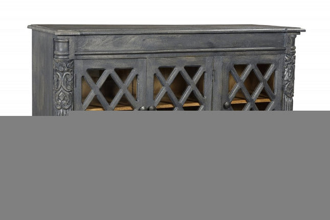 58" Dark Gray Distressed Solid Wood Carved Scrollwork Sideboard with Three Glass Doors HomeRoots
