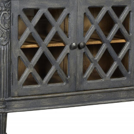 58" Dark Gray Distressed Solid Wood Carved Scrollwork Sideboard with Three Glass Doors HomeRoots