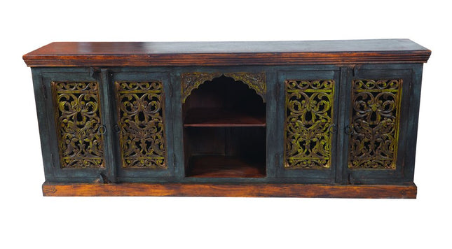 91" Brown Gray and Green Solid Wood Buffet Table with Two Doors HomeRoots