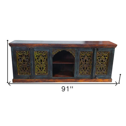 91" Brown Gray and Green Solid Wood Buffet Table with Two Doors HomeRoots