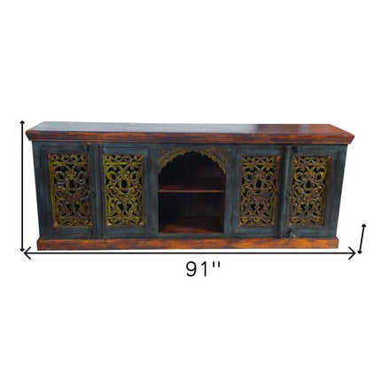 91" Brown Gray and Green Solid Wood Buffet Table with Two Doors HomeRoots