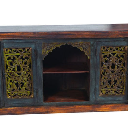 91" Brown Gray and Green Solid Wood Buffet Table with Two Doors HomeRoots
