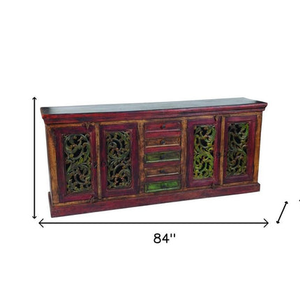 84" Brown Gray and Green Solid Wood Five Drawer Buffet Table with Four Doors HomeRoots