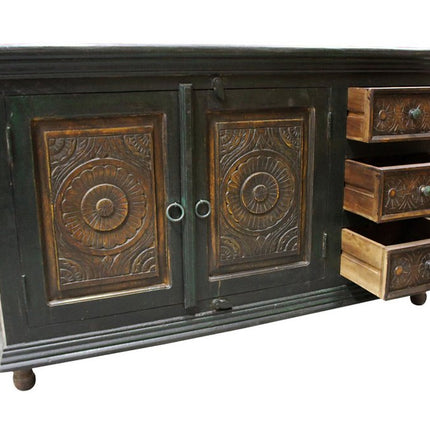 60" Dark Brown and Green Solid Wood Three Drawer Buffet Table with Two Doors HomeRoots