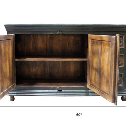 60" Dark Brown and Green Solid Wood Three Drawer Buffet Table with Two Doors HomeRoots
