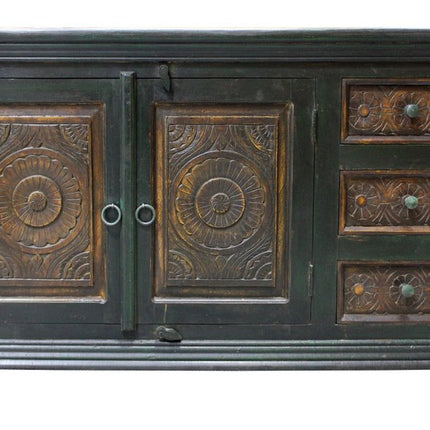 60" Dark Brown and Green Solid Wood Three Drawer Buffet Table with Two Doors HomeRoots