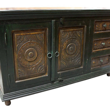 60" Dark Brown and Green Solid Wood Three Drawer Buffet Table with Two Doors HomeRoots