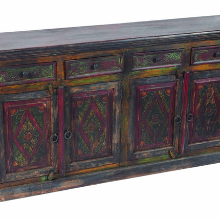 72" Dark Brown and Green Solid Wood Four Drawer Sideboard with Four Doors HomeRoots