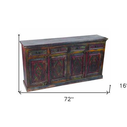 72" Dark Brown and Green Solid Wood Four Drawer Sideboard with Four Doors HomeRoots