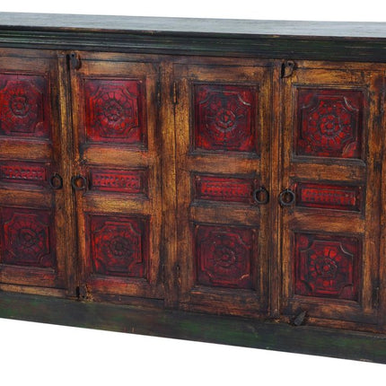 80" Brown And Red Distressed Solid Wood Carved Floral Buffet Table with Four Doors HomeRoots