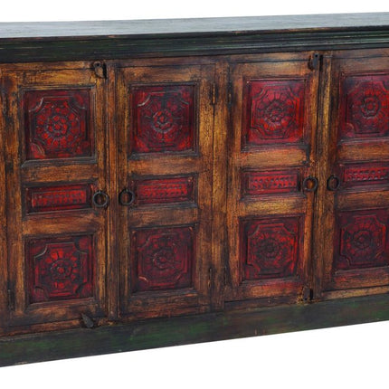 80" Brown And Red Distressed Solid Wood Carved Floral Buffet Table with Four Doors HomeRoots