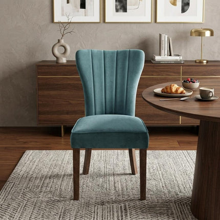 Set of Two Teal Blue and Brown Upholstered Velvet Dining Parsons Chairs HomeRoots