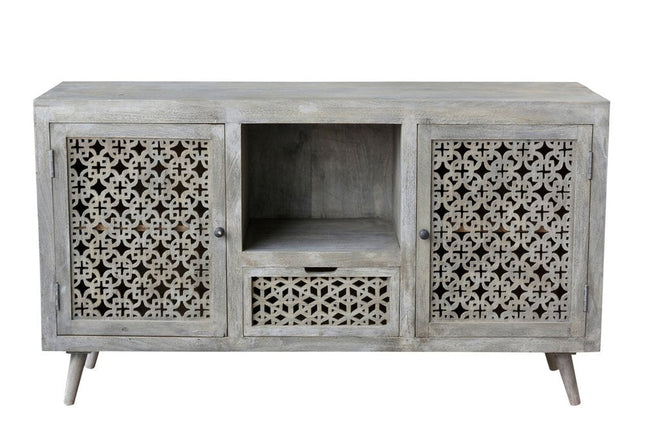 55" Gray Solid Wood Cabinet Enclosed Storage Worn TV Stand HomeRoots