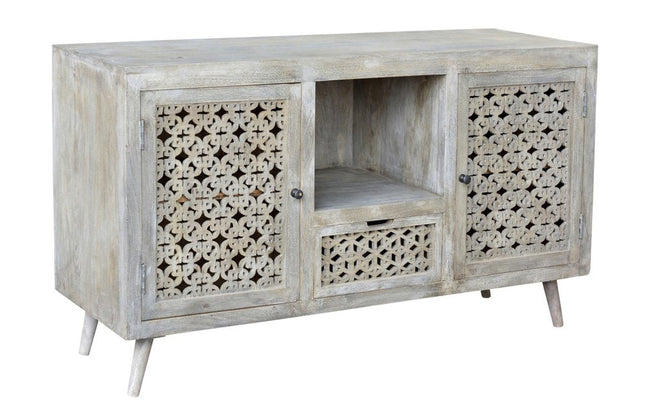 55" Gray Solid Wood Cabinet Enclosed Storage Worn TV Stand HomeRoots