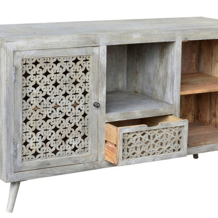 55" Gray Solid Wood Cabinet Enclosed Storage Worn TV Stand HomeRoots
