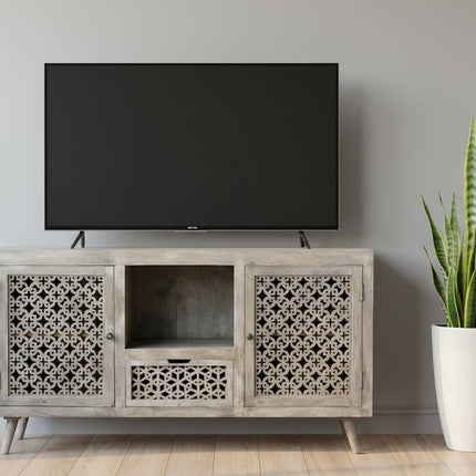 55" Gray Solid Wood Cabinet Enclosed Storage Worn TV Stand HomeRoots