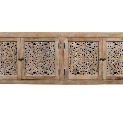 86" Natural Carved Floral Distressed Solid Wood Enclosed Storage TV Stand HomeRoots