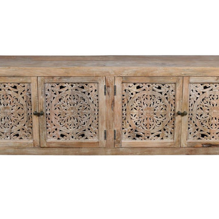 86" Natural Carved Floral Distressed Solid Wood Enclosed Storage TV Stand HomeRoots
