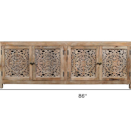 86" Natural Carved Floral Distressed Solid Wood Enclosed Storage TV Stand HomeRoots