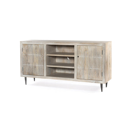 60" Ivory Carved Geometric Distressed Solid Wood Enclosed and Open Storage TV Stand HomeRoots