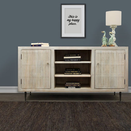 60" Ivory Carved Geometric Distressed Solid Wood Enclosed and Open Storage TV Stand HomeRoots
